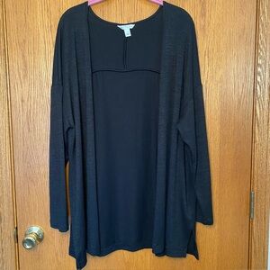 Boutique 1X Black Women’s Cardigan Sweater Open Front  Drop Shoulder Side Slits